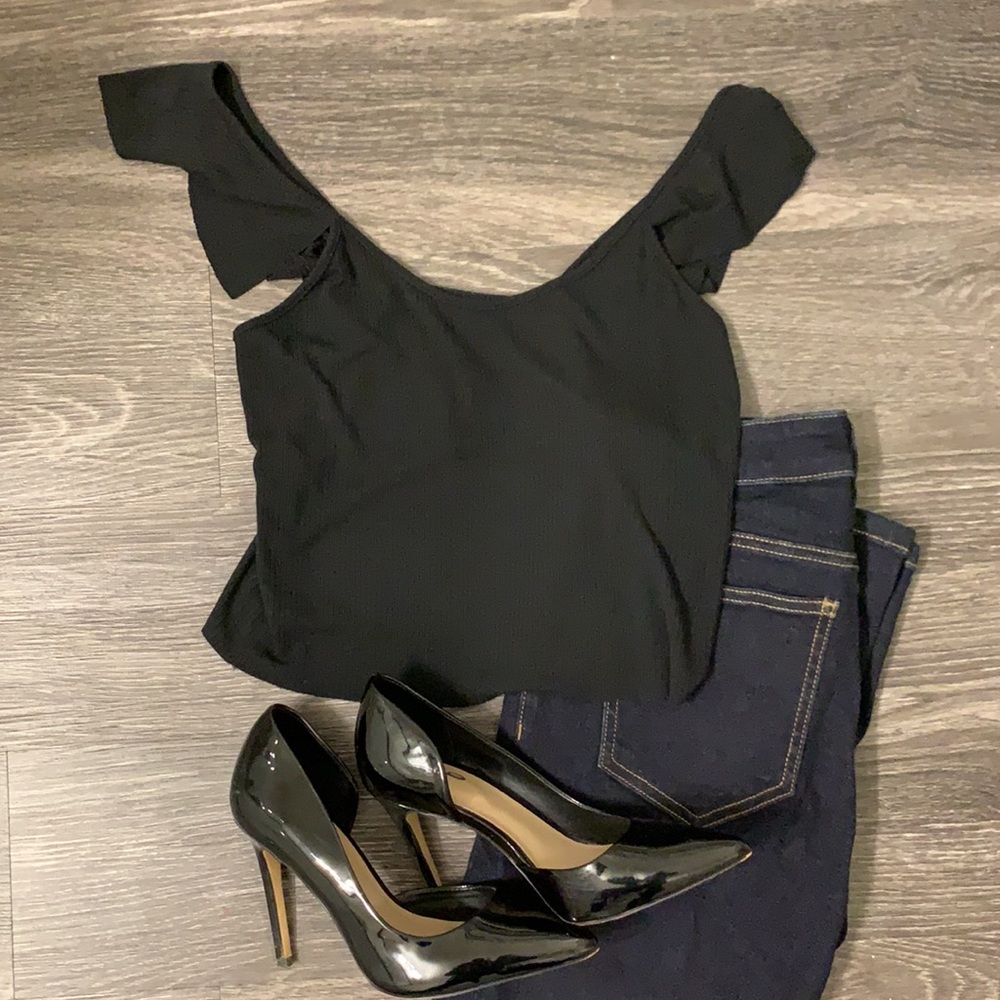 Black crop sweater with flowy accent straps